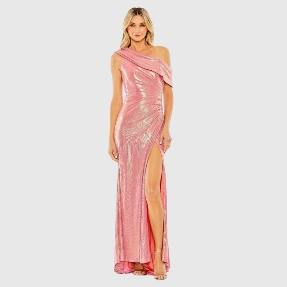 Mac Duggal 27152 NWT Pink Off The Shoulder Ruched Waist Slit Metallic Gown